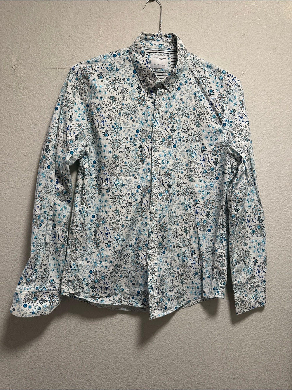 Denim & Flower Men’s Medium Floral Button Down Shirt white Blue Teal
